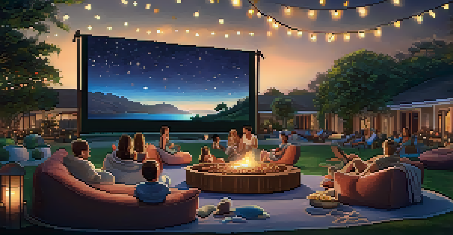 Families enjoying an outdoor movie night under the stars, sitting on blankets and bean bags while watching a film on a large screen.
