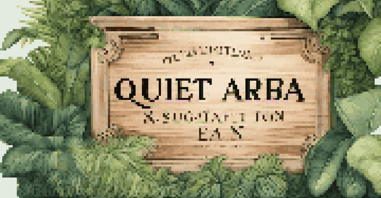 A close-up of a wooden sign that says 'Quiet Study Area', featuring intricate engravings, set against green plants and soft lighting.