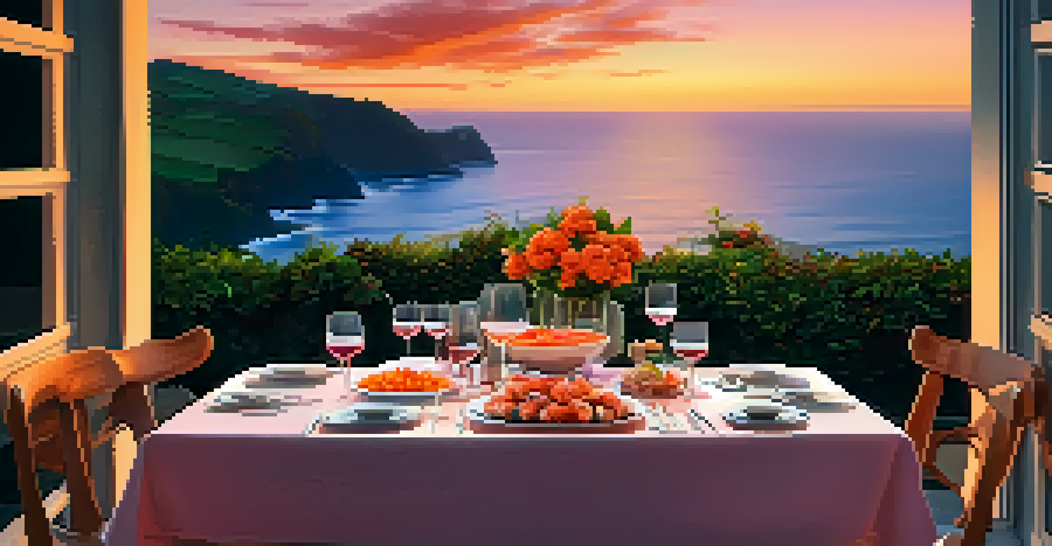 An outdoor dining scene with seafood, local vegetables, and wine, set against a beautiful ocean sunset in the Azores.