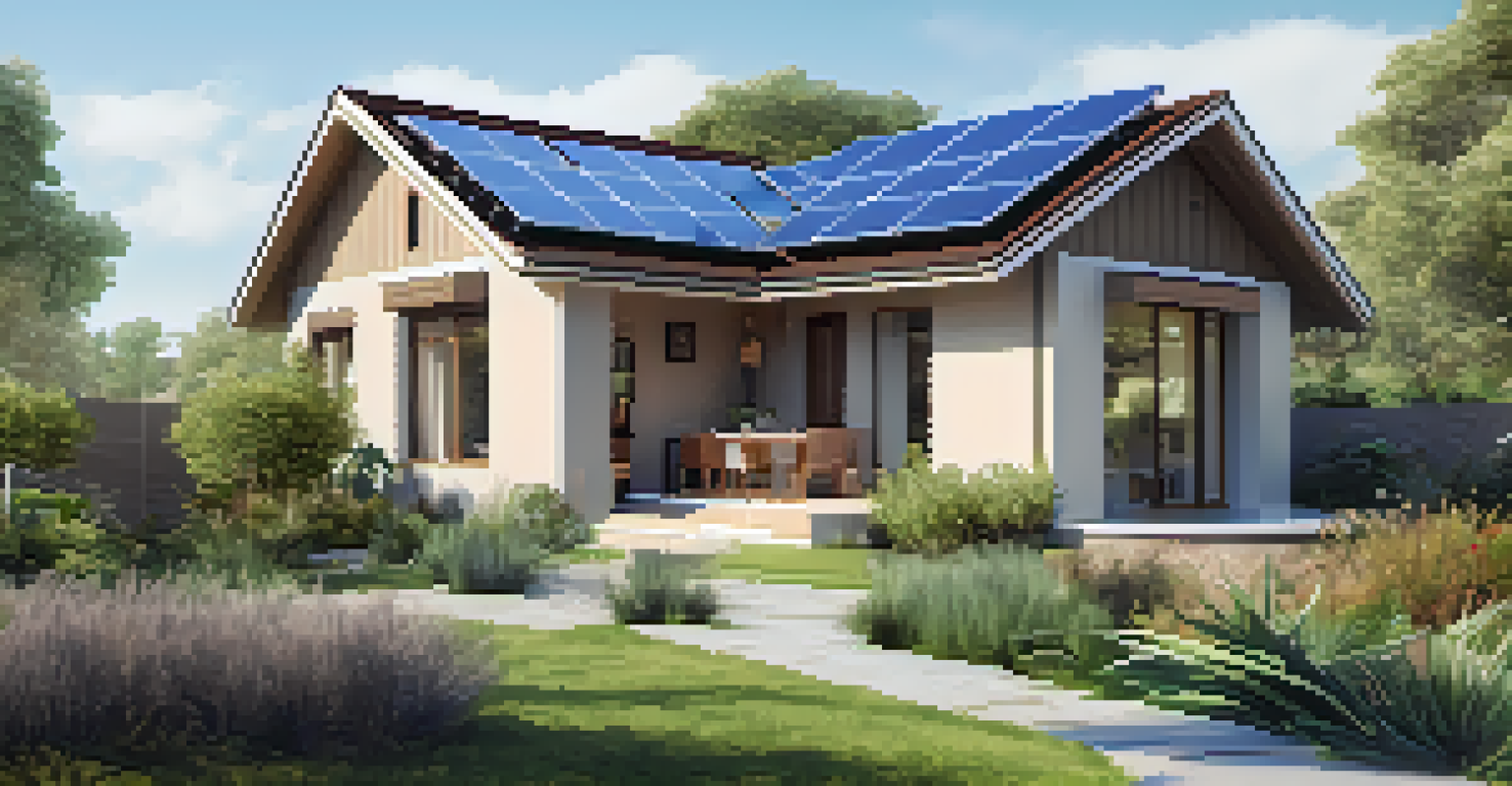 A modern, eco-friendly house with solar panels surrounded by a vibrant garden, showcasing a sustainable lifestyle.