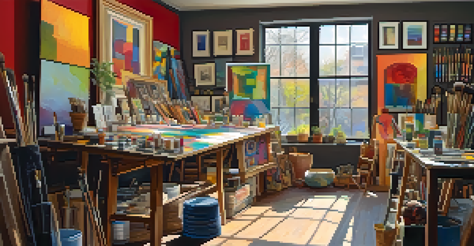 An artist's studio filled with colorful canvases and art supplies, highlighting creativity and cultural narratives.