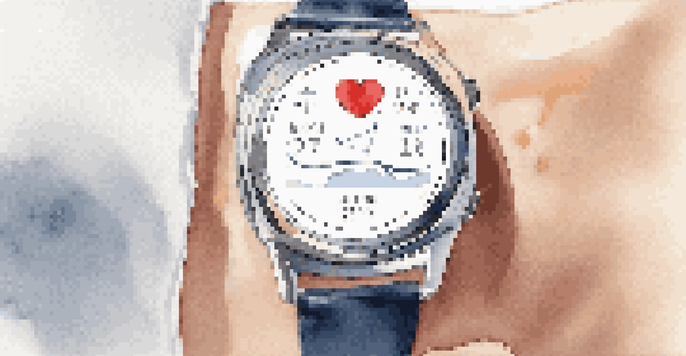 A luxurious smartwatch with health metrics displayed, resting on a marble surface with soft natural light.