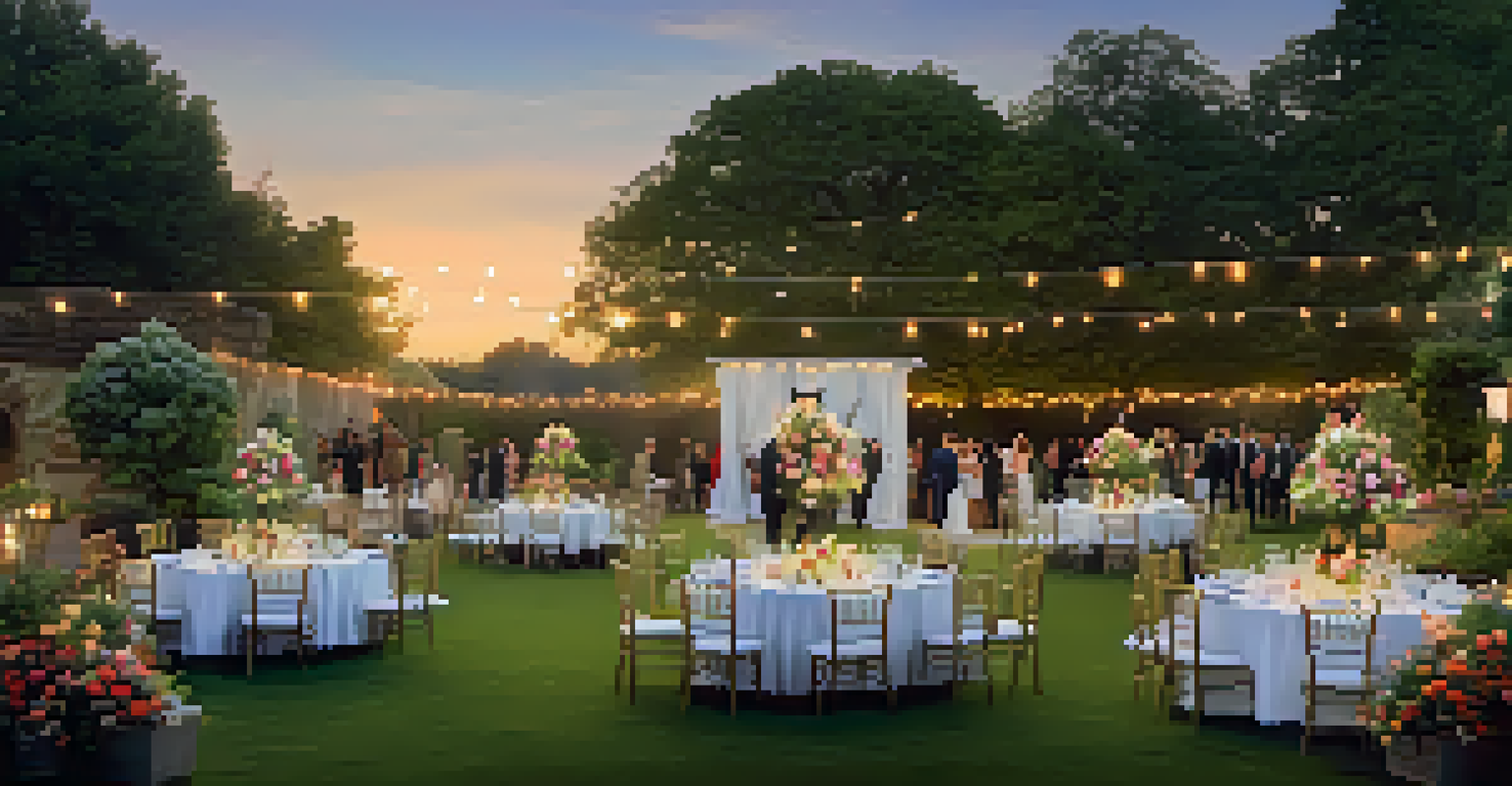 An outdoor charity event in a garden with elegantly set tables and a stage for performances at sunset.