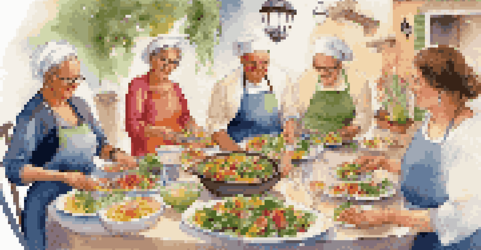 Participants in vibrant attire preparing Mediterranean dishes in a beautifully decorated setting.