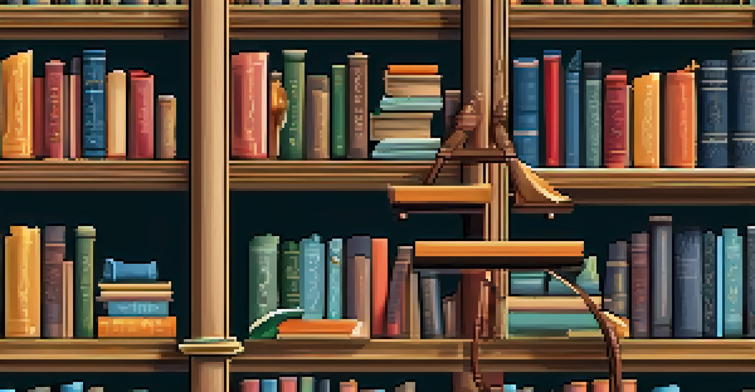 A beautifully arranged bookshelf with colorful books, decorative items, and a wooden ladder in a reading nook.