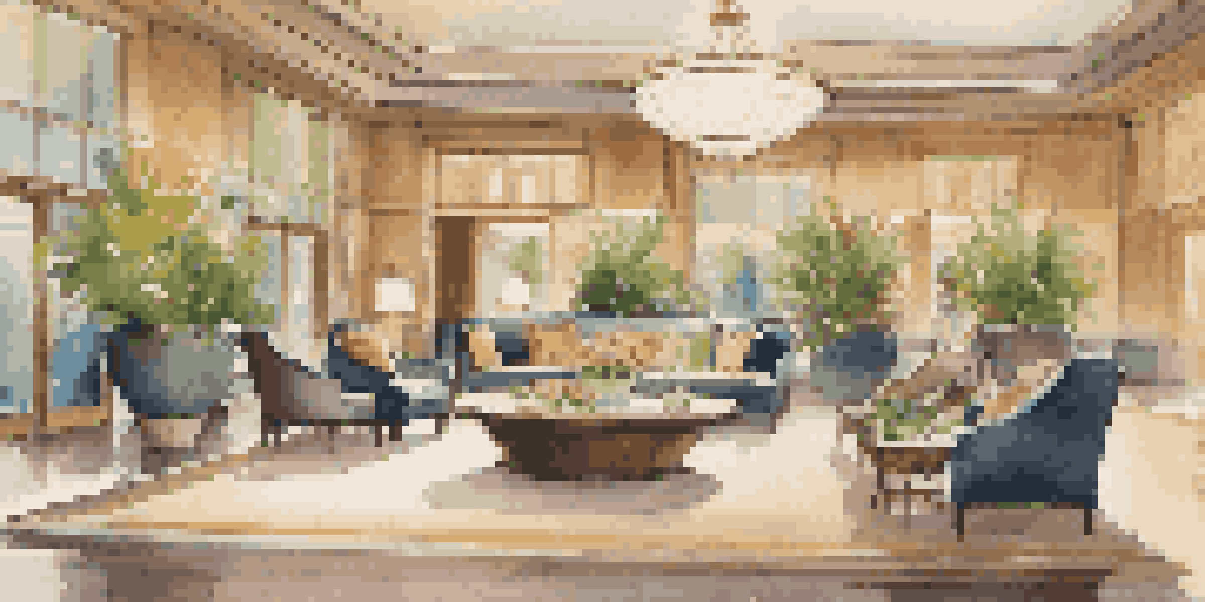 A luxurious lobby with comfortable seating, elegant decor, and warm lighting, where guests are engaging in conversations.