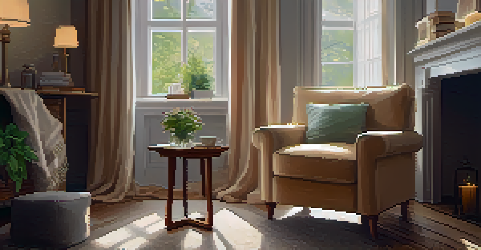 A cozy corner with a plush armchair, a soft blanket, a side table with a cup of herbal tea and an open book, illuminated by warm lamp light.