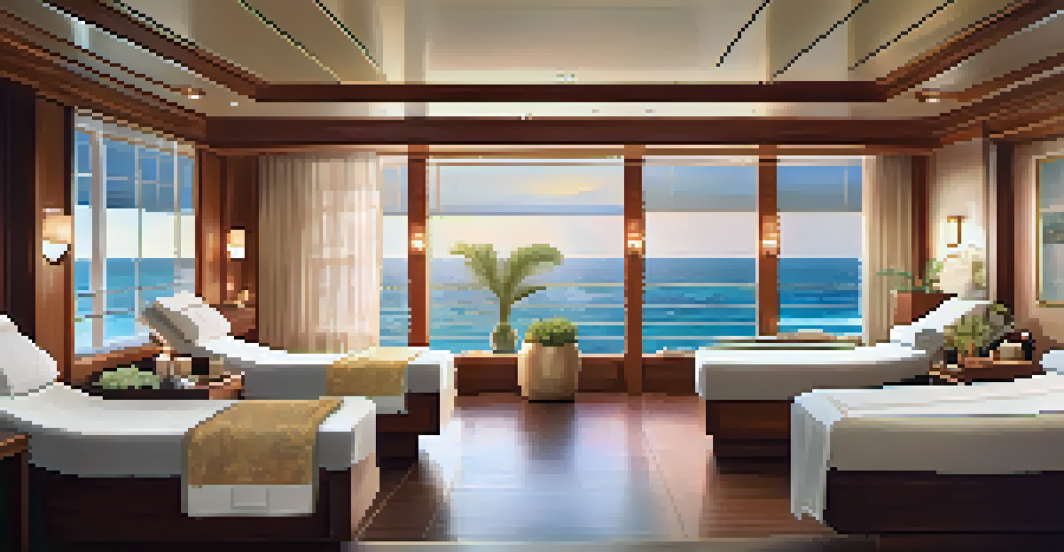 A peaceful spa on a luxury cruise ship with clients receiving massages, featuring soft lighting and ocean views.