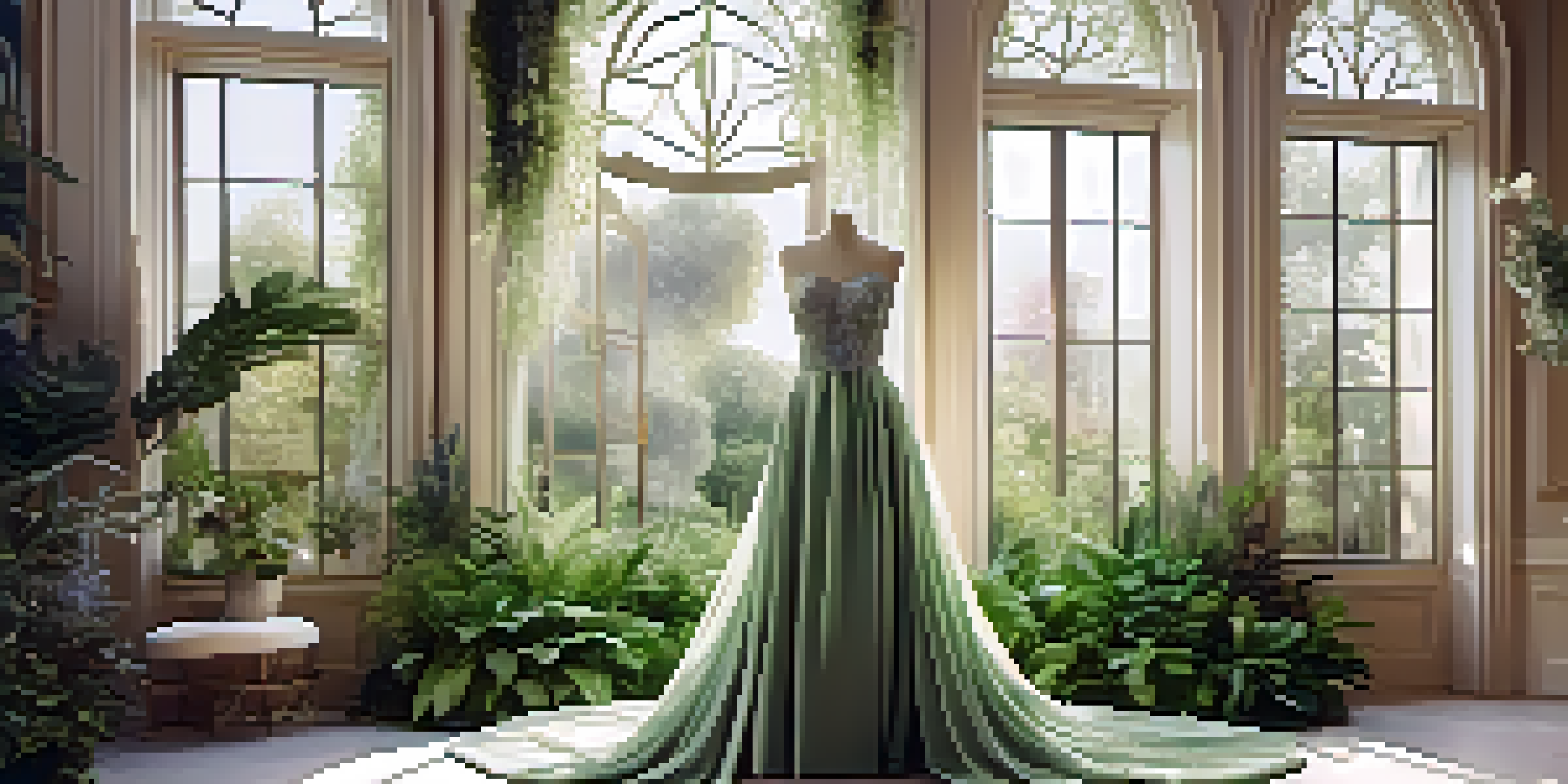 A beautiful gown made from sustainable materials displayed amidst green plants, with natural light highlighting its details.