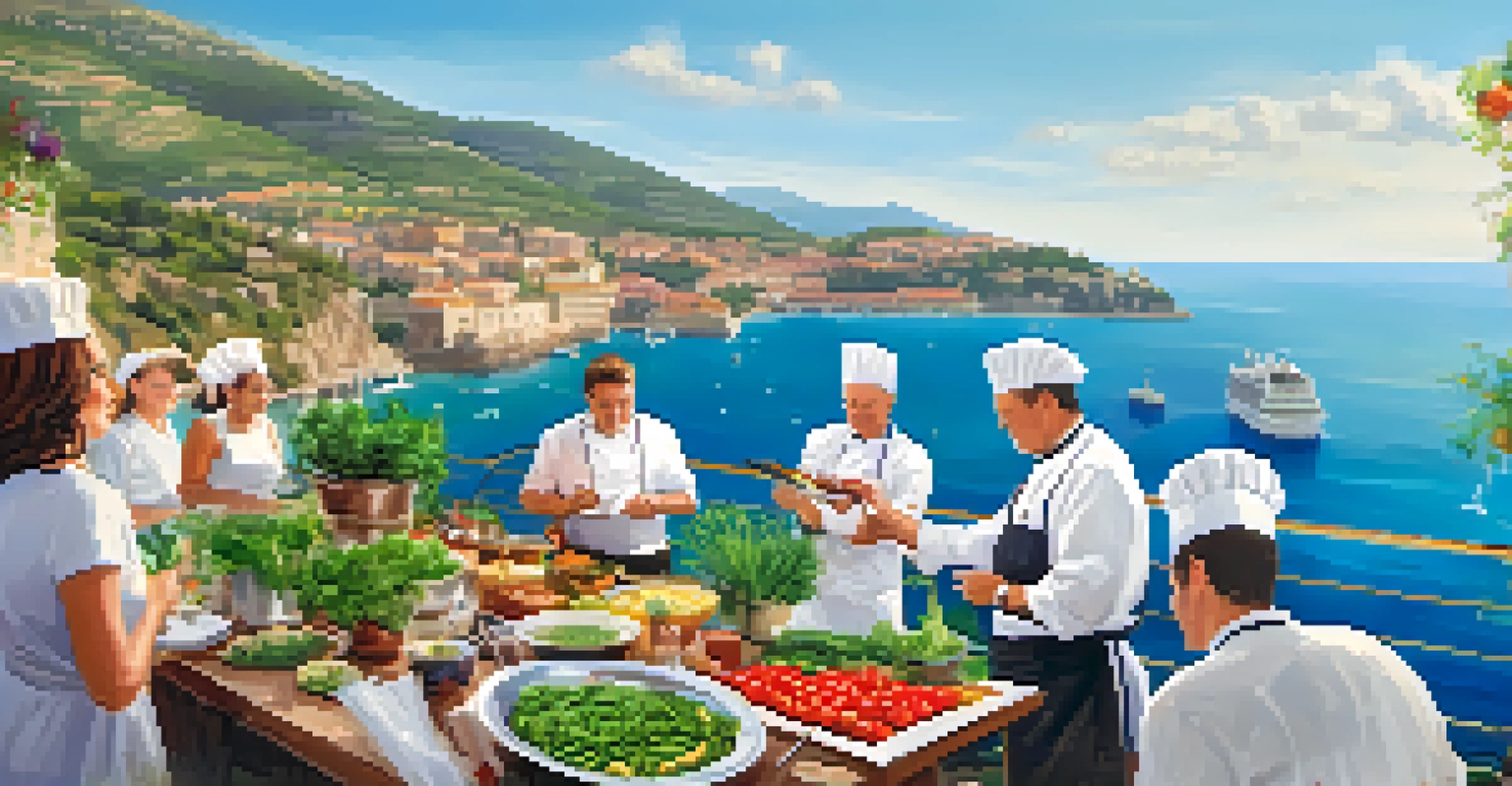 A Michelin-starred chef leading an outdoor cooking class on a cruise, with vibrant ingredients and participants engaged in learning.