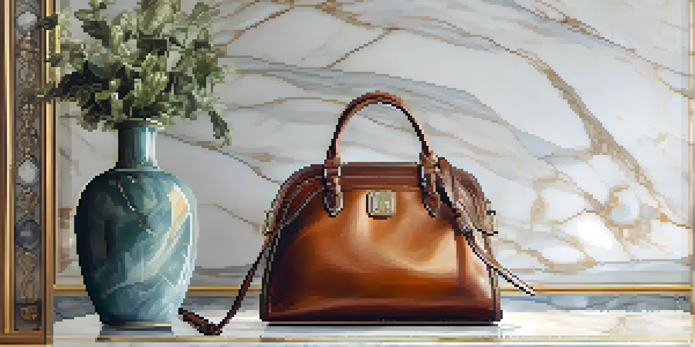 A vintage luxury handbag on a marble countertop with soft light emphasizing its details, surrounded by blurred antique decor.