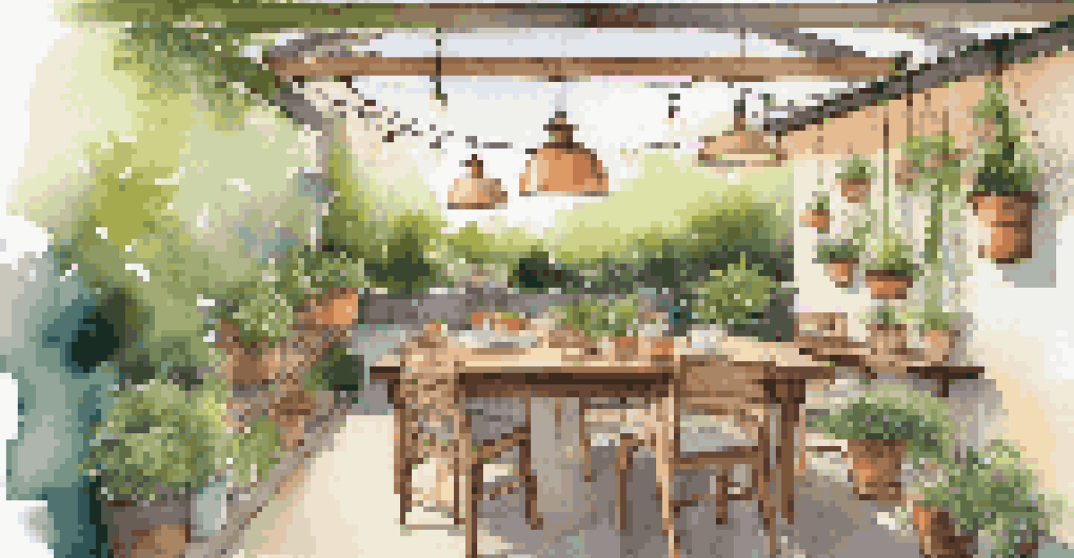A charming rooftop garden dining area with a wooden table and chairs, adorned with plants and string lights, basking in sunlight.