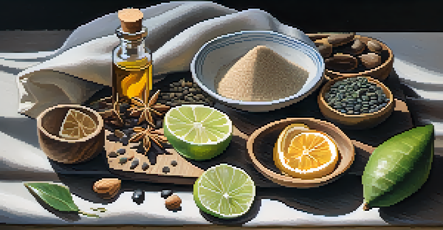 An overhead view of a rustic table with natural fragrance ingredients like sandalwood and bergamot, arranged artistically with sunlight illuminating the scene.