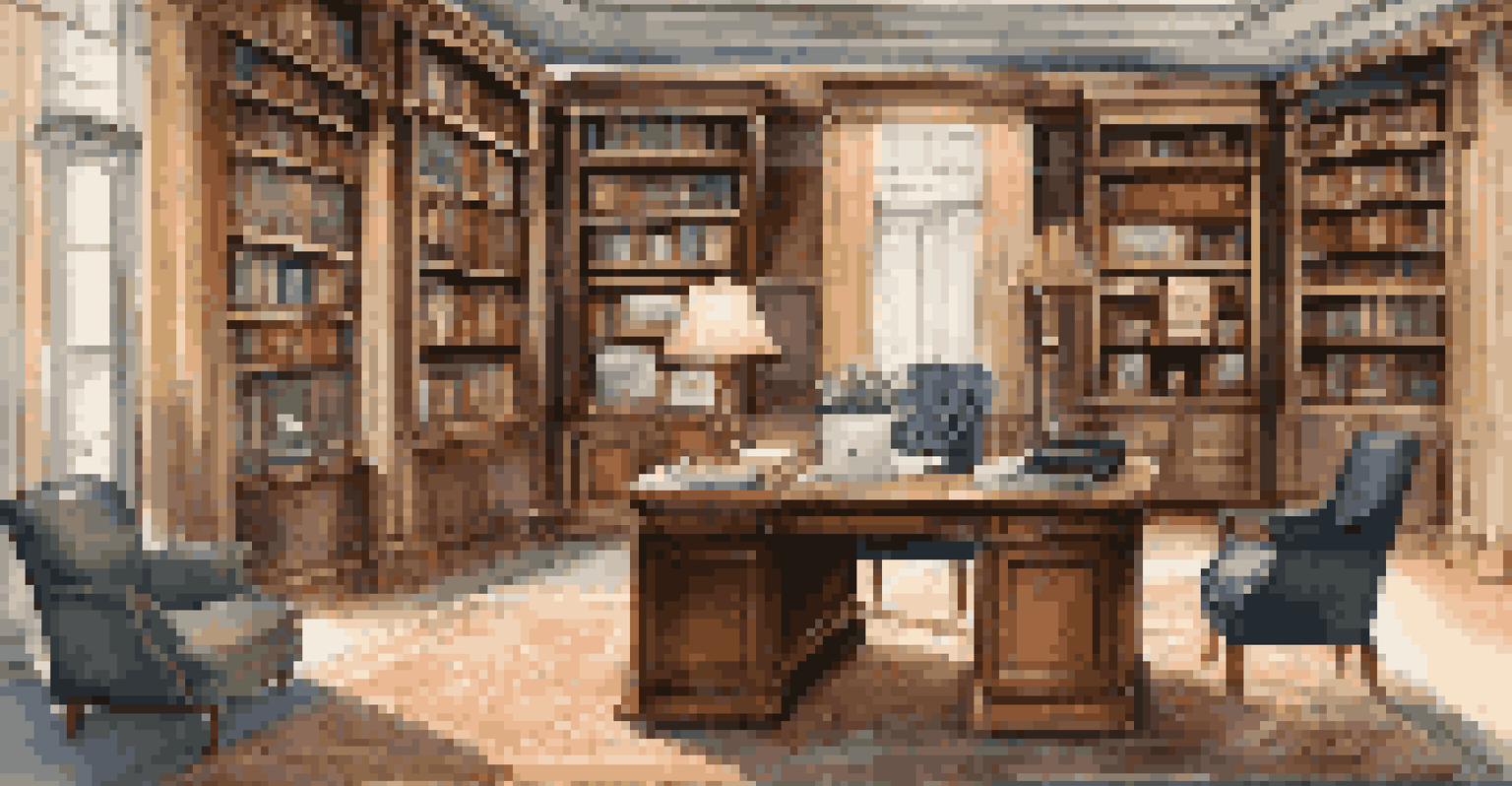An elegant family history library with modern and antique furniture, featuring a desk with a computer and glass cases displaying family heirlooms.