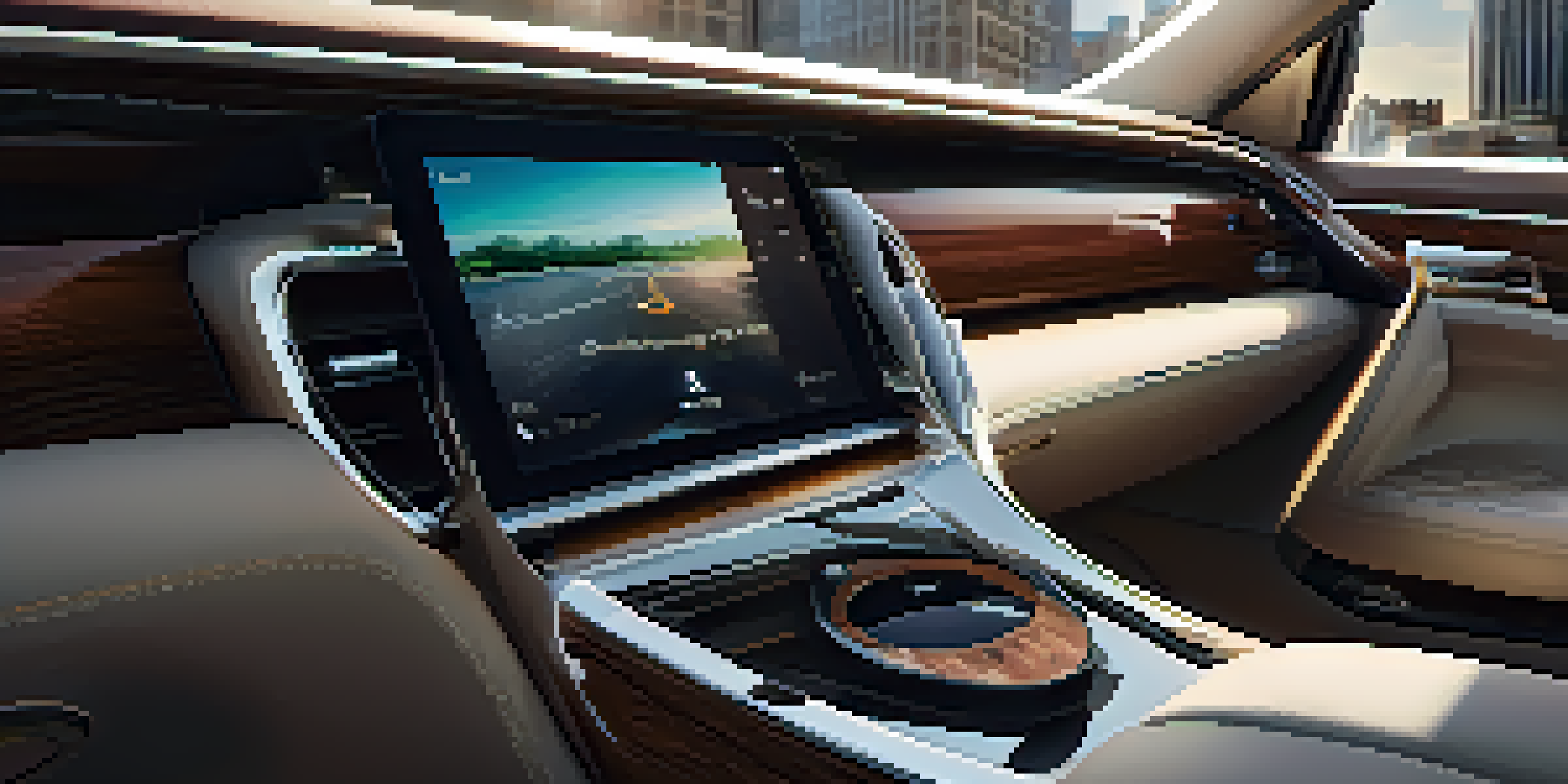 A luxurious car interior with a wireless charging pad and advanced GPS navigation displayed on the dashboard.