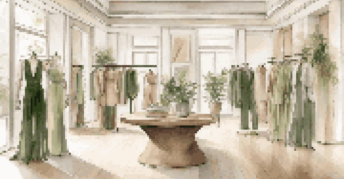 A fashion boutique interior with sustainable luxury clothing displayed on mannequins, surrounded by greenery and warm lighting.