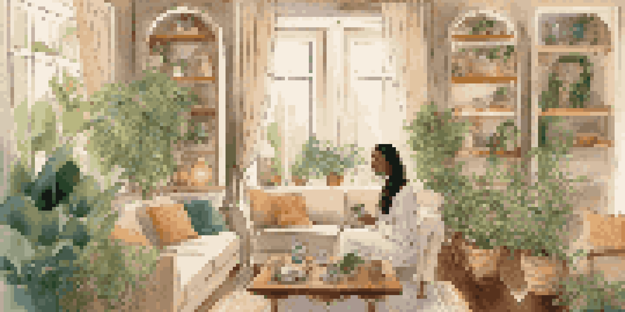 A woman enjoying herbal tea in a cozy living room filled with greenery, embodying relaxation and luxury.