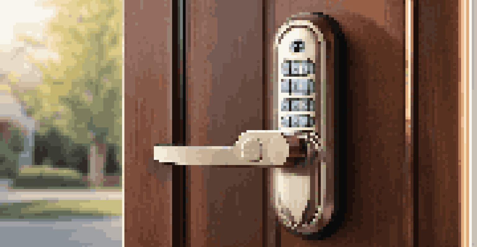A close-up of a modern smart lock on a front door, showcasing its digital keypad and fingerprint scanner, illuminated by soft sunlight.