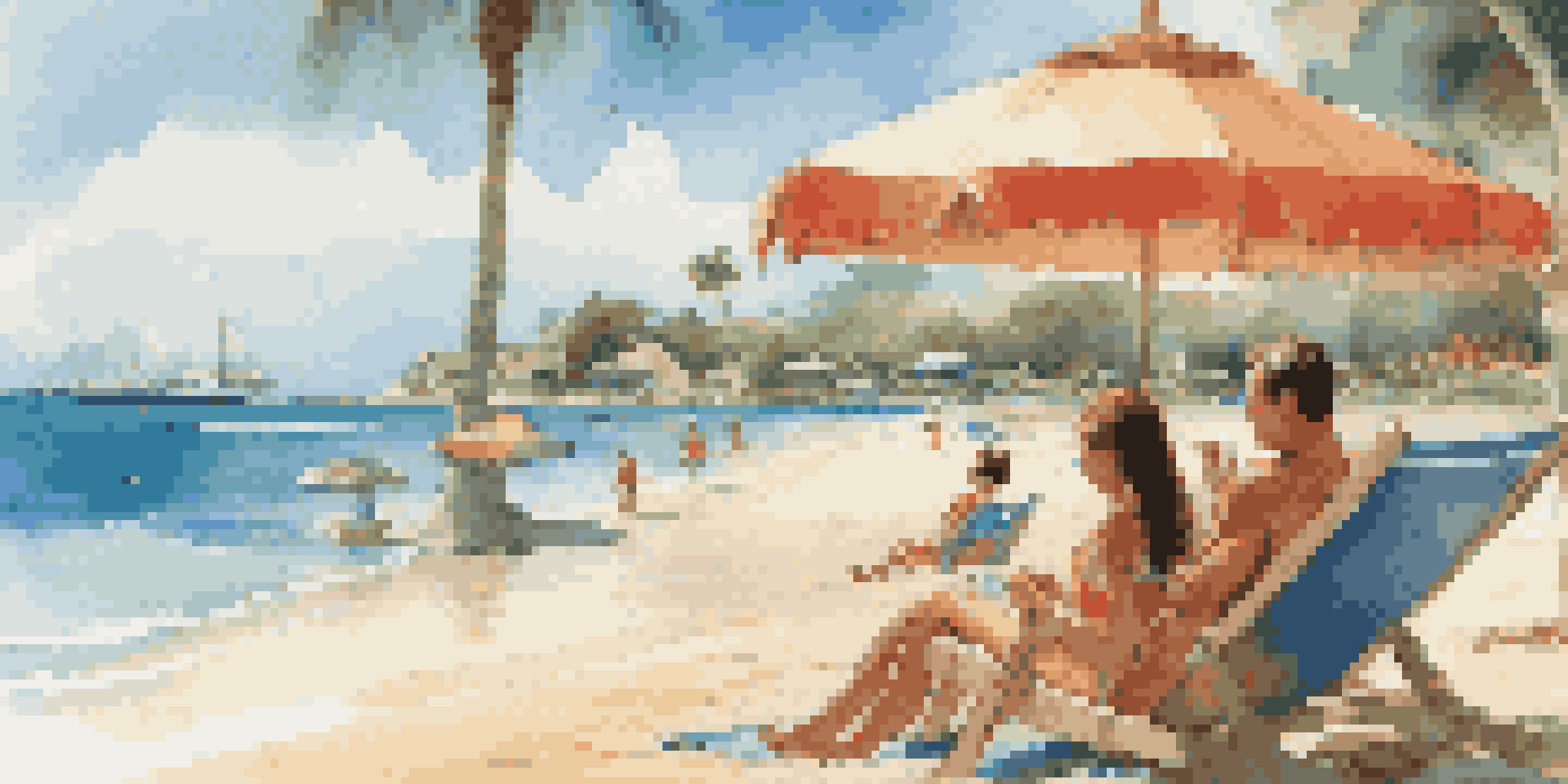 A family of four enjoying a day at a tropical beach resort, with parents lounging and children building a sandcastle.