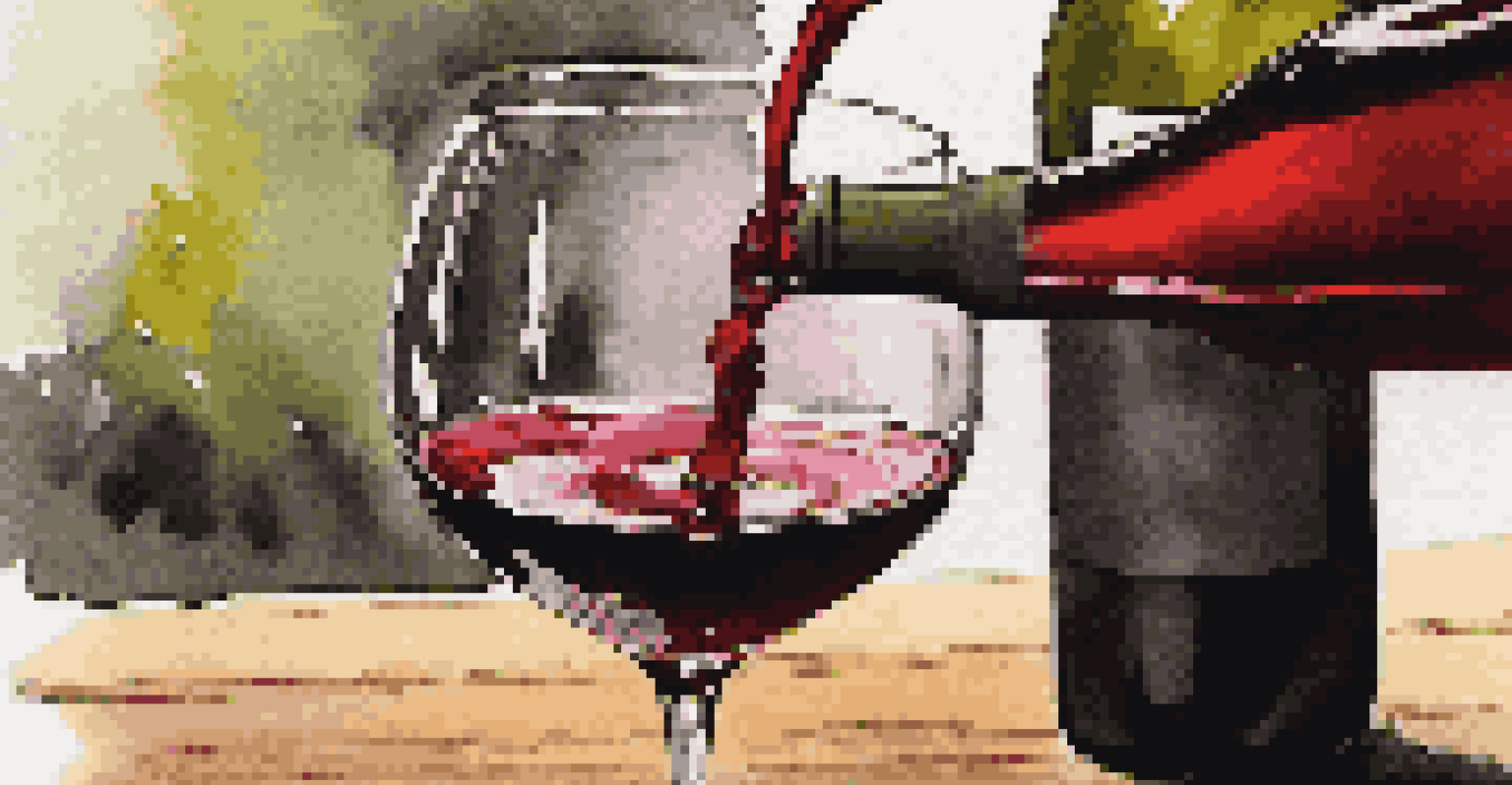 Close-up of a wine bottle pouring deep red wine into a glass on a wooden table.