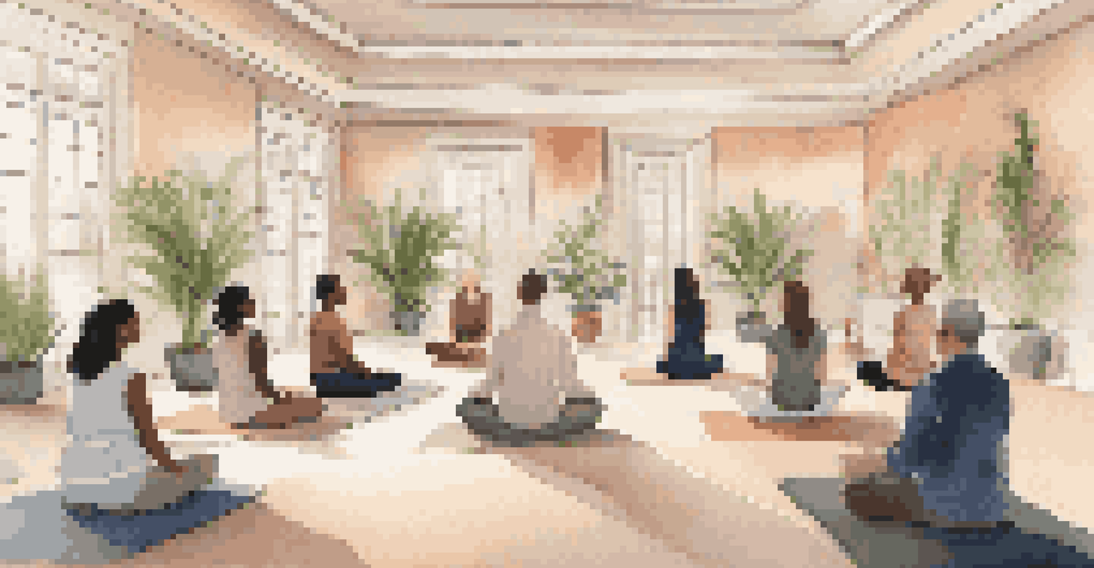 A wellness workshop in a luxurious setting, with attendees participating in a meditation session surrounded by soft lighting and plants.