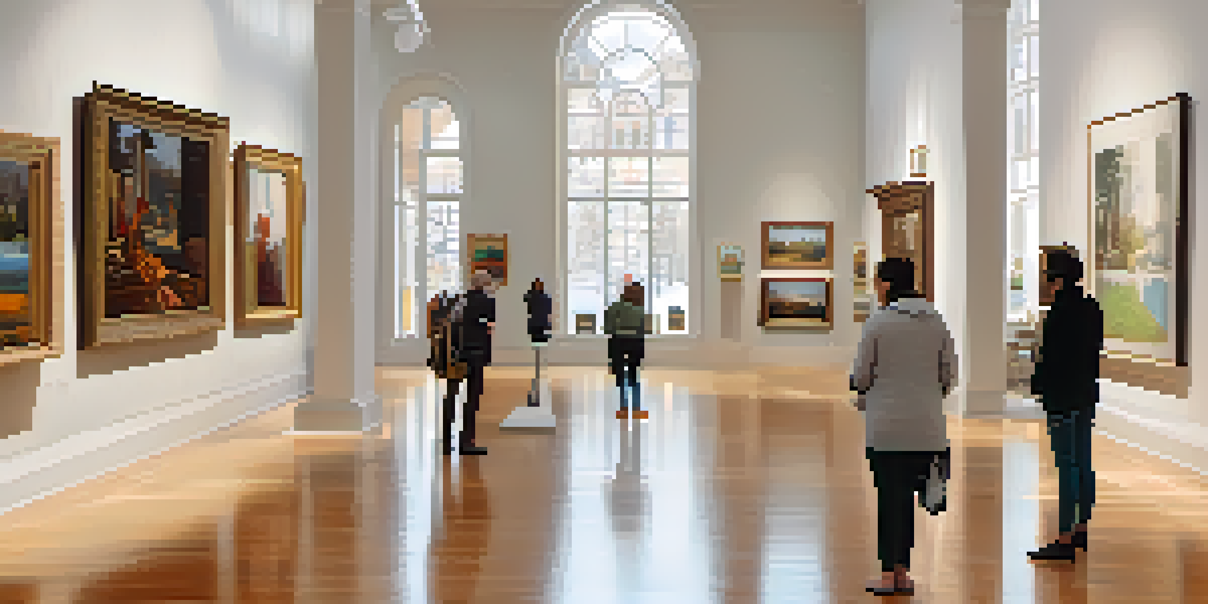 An art gallery filled with diverse artworks and visitors admiring the pieces under bright natural light.