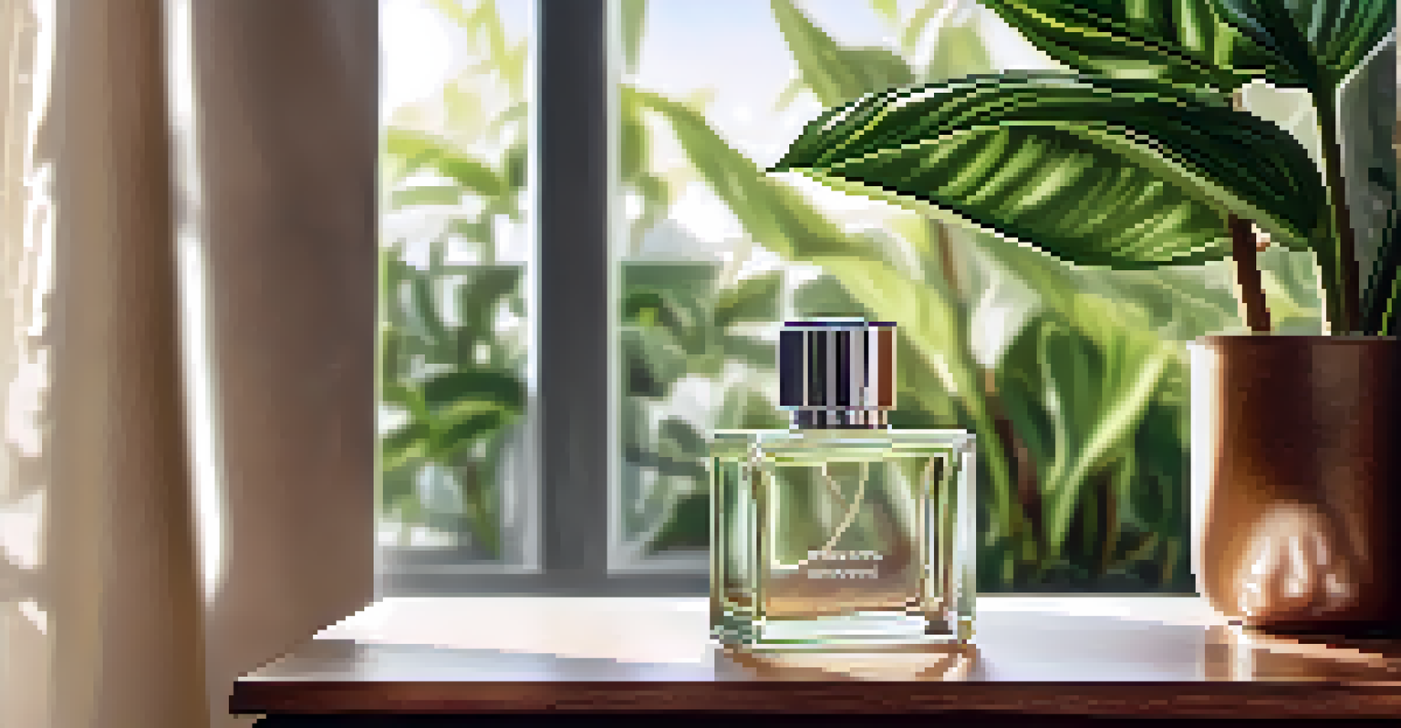 A close-up of a luxury fragrance bottle on a wooden table, with sunlight filtering through a window and lush plants in the background.