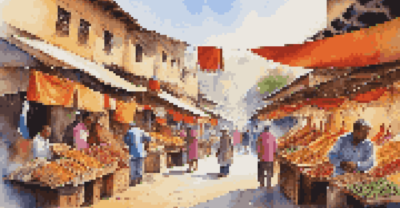 A lively street market showcasing colorful stalls of local crafts and artwork, with people interacting and enjoying the culture.