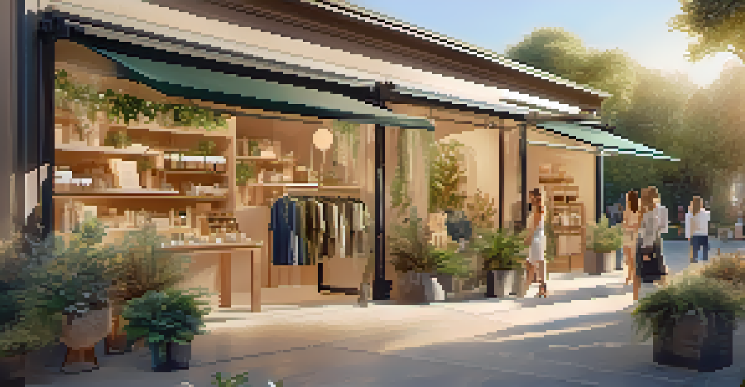 An outdoor luxury pop-up shop made from recycled materials, surrounded by greenery and shoppers exploring eco-friendly fashion.