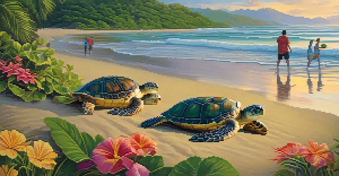 Volunteers caring for sea turtles on a sandy beach in Costa Rica during sunset.