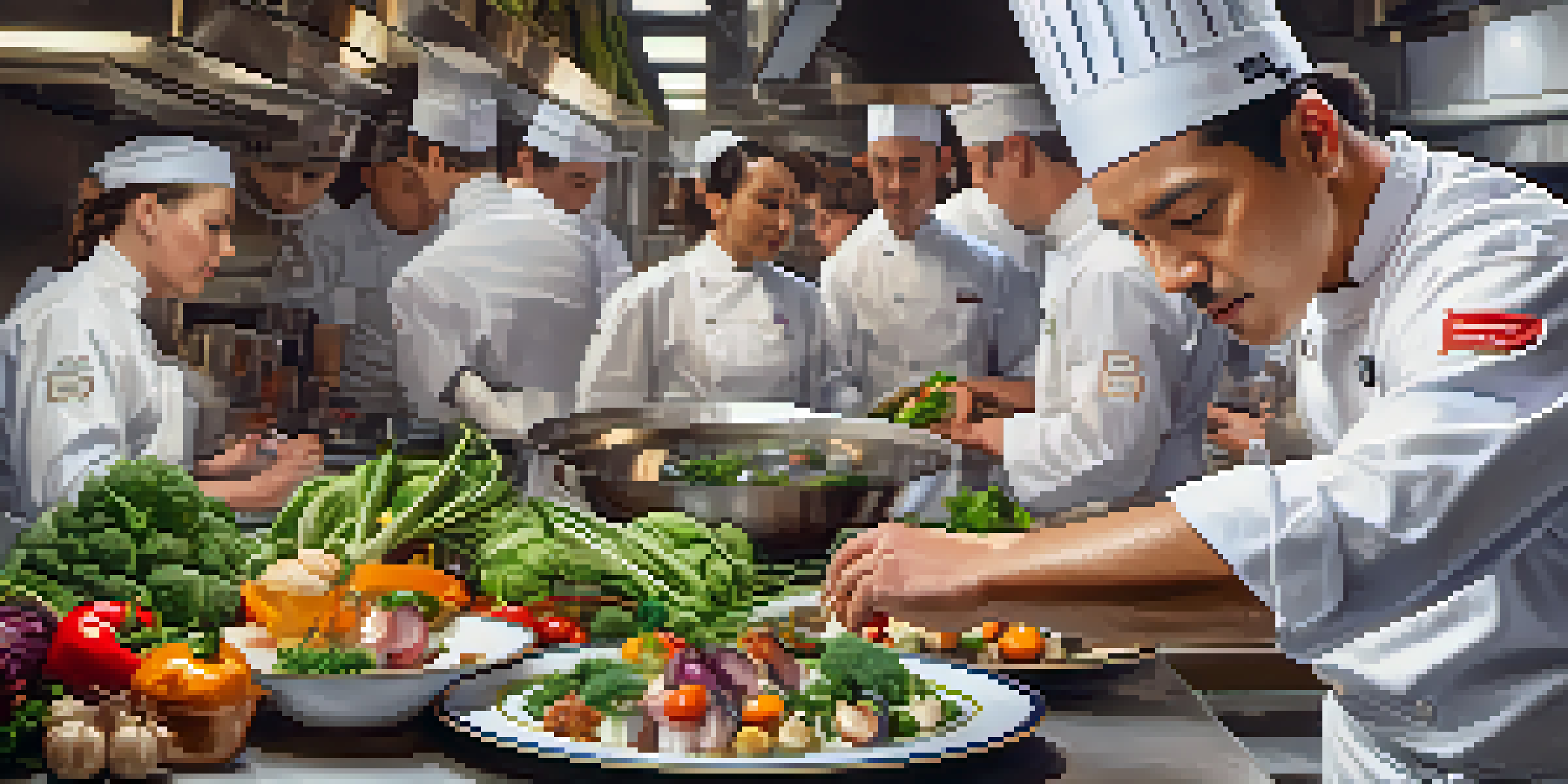 A Michelin chef plating a gourmet dish in a busy kitchen, surrounded by team members and colorful ingredients.