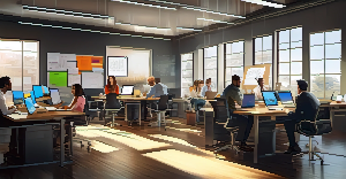 A diverse team of professionals collaborating in a bright office space, with laptops and a whiteboard filled with notes.