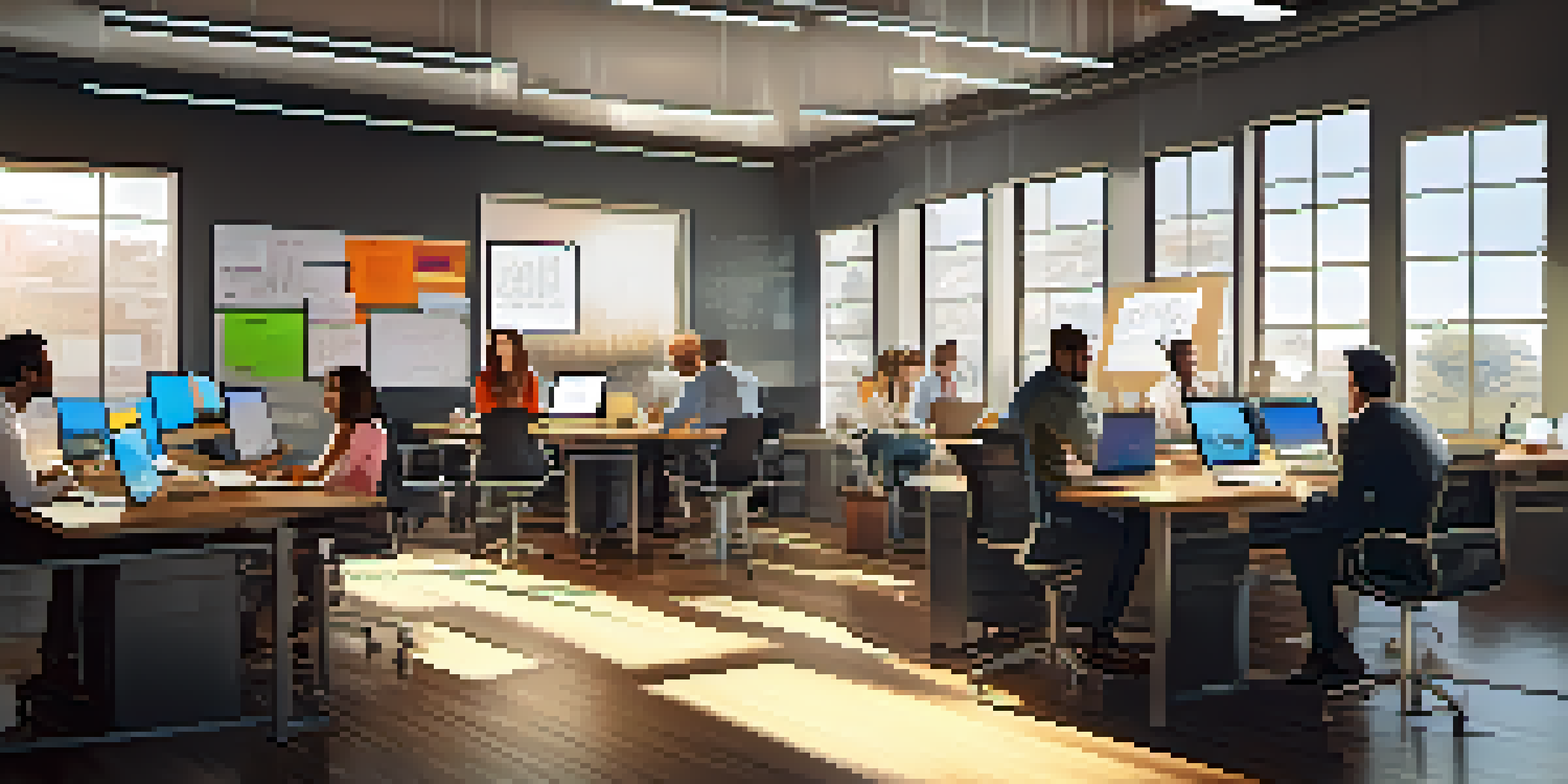 A diverse team of professionals collaborating in a bright office space, with laptops and a whiteboard filled with notes.
