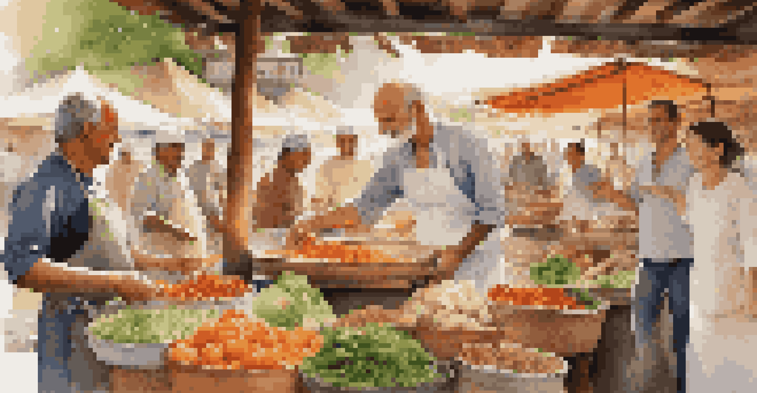 A chef demonstrating cooking techniques to tourists at a vibrant local market filled with fresh produce and spices.