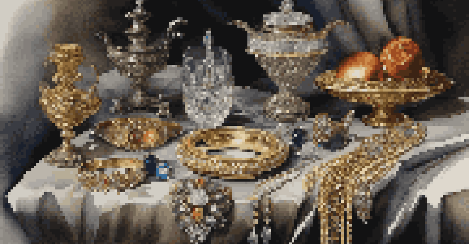 A still life image featuring fine jewelry on a wooden table, with silk fabrics and soft lighting highlighting the gemstones.