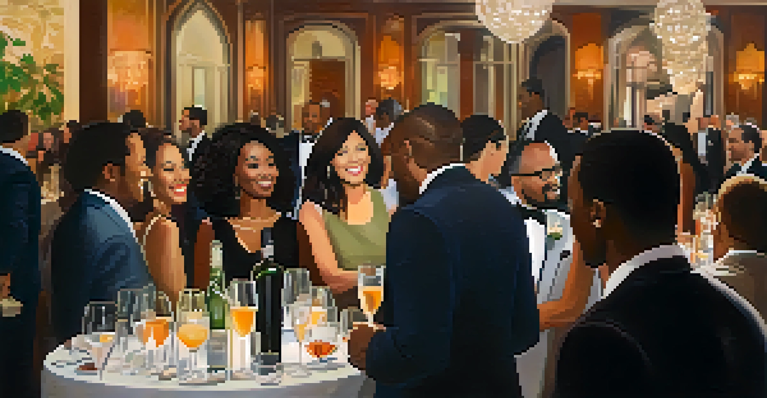 A networking event with professionals in stylish attire engaged in lively conversations.