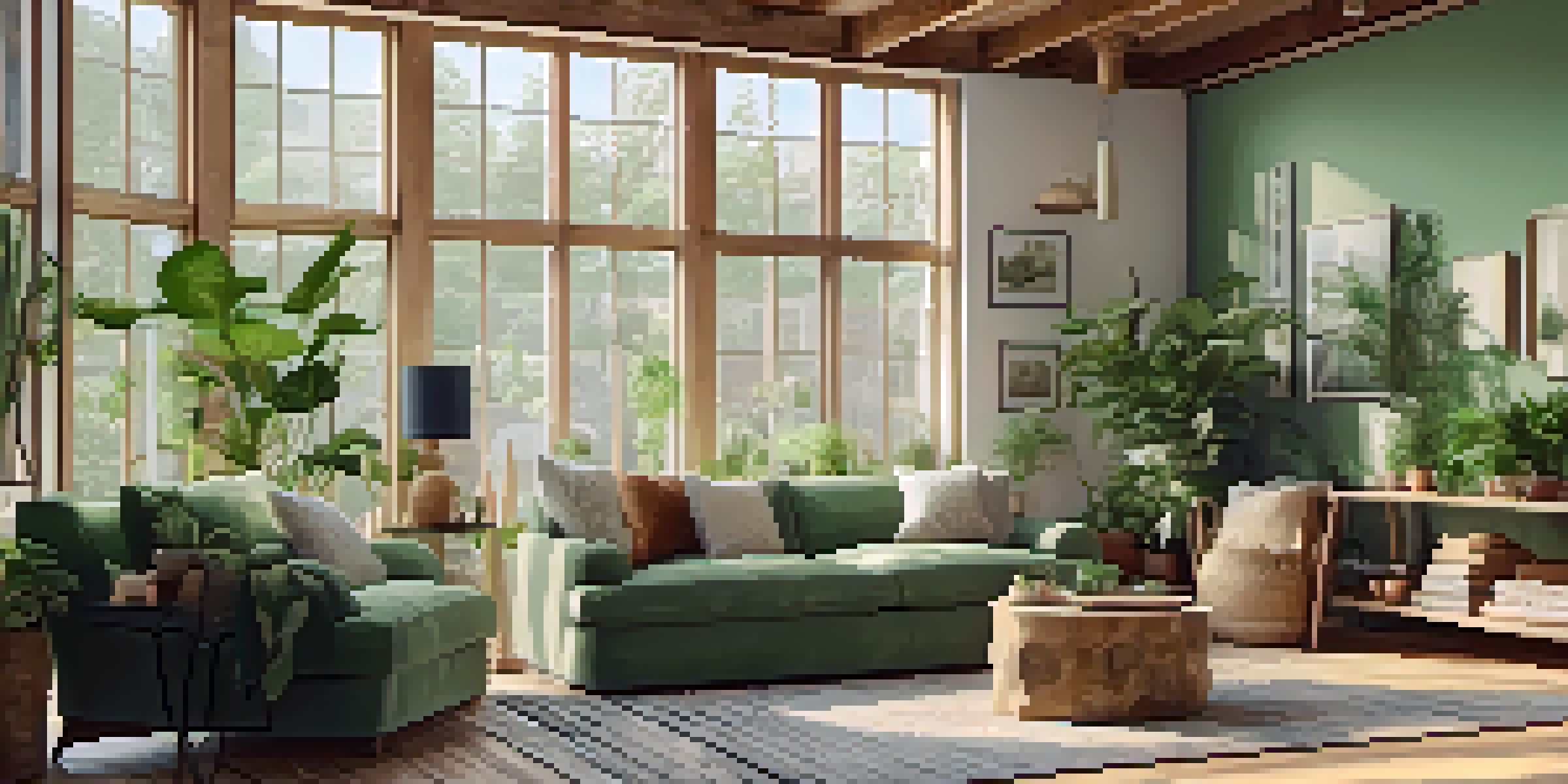 A cozy living room painted in soft green with natural wood furniture and indoor plants, illuminated by natural light.