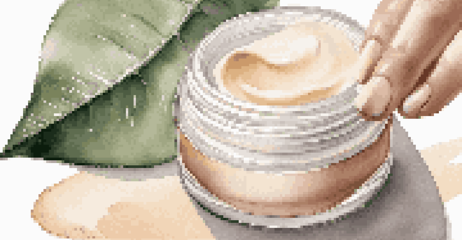 A close-up of a hand applying a cream, with a focus on the product's texture and natural elements in the background.