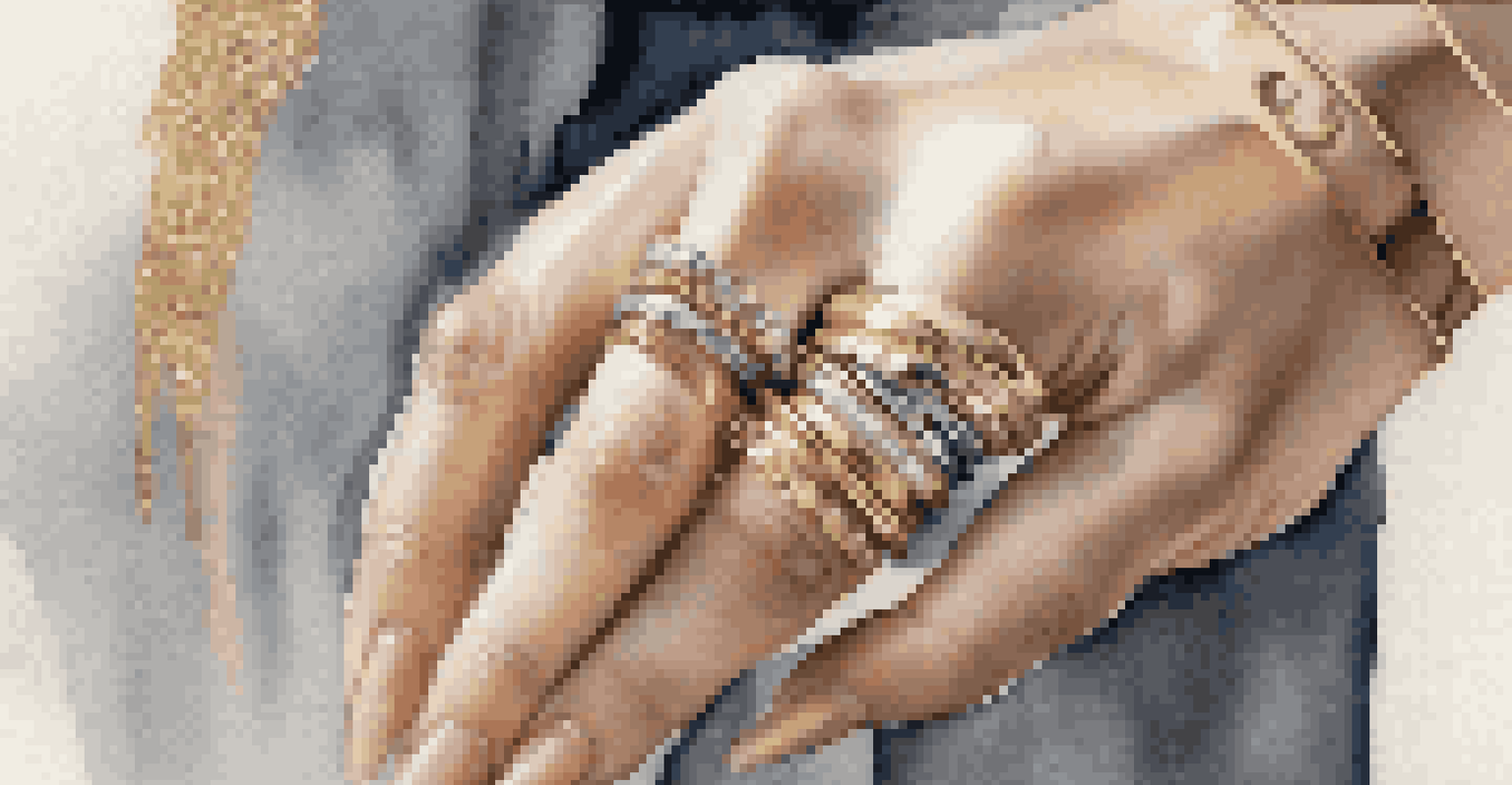 Close-up of a woman's hand showcasing stackable rings of various metals and textures.