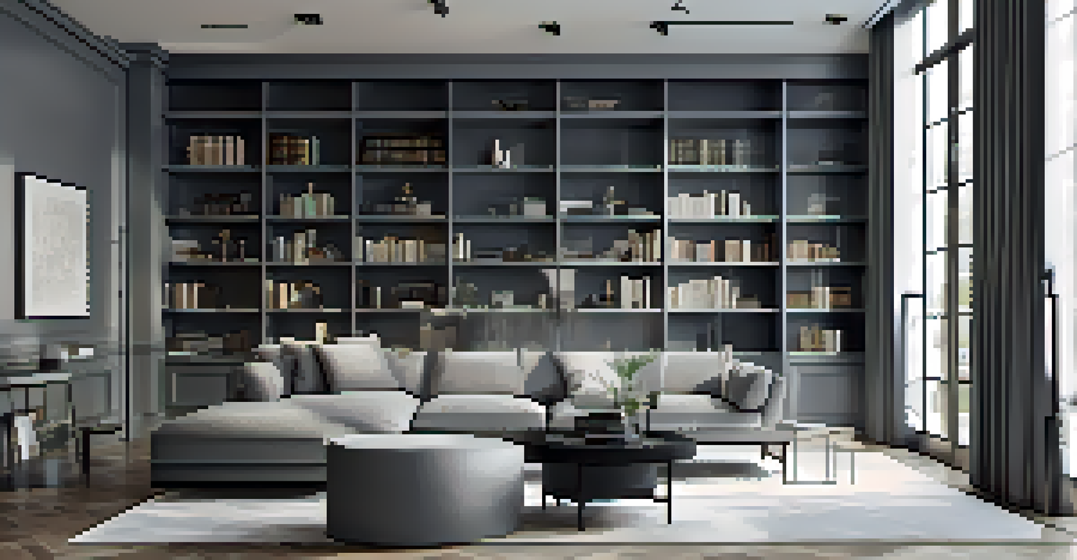 A modern library with a monochromatic gray color scheme and contemporary art.