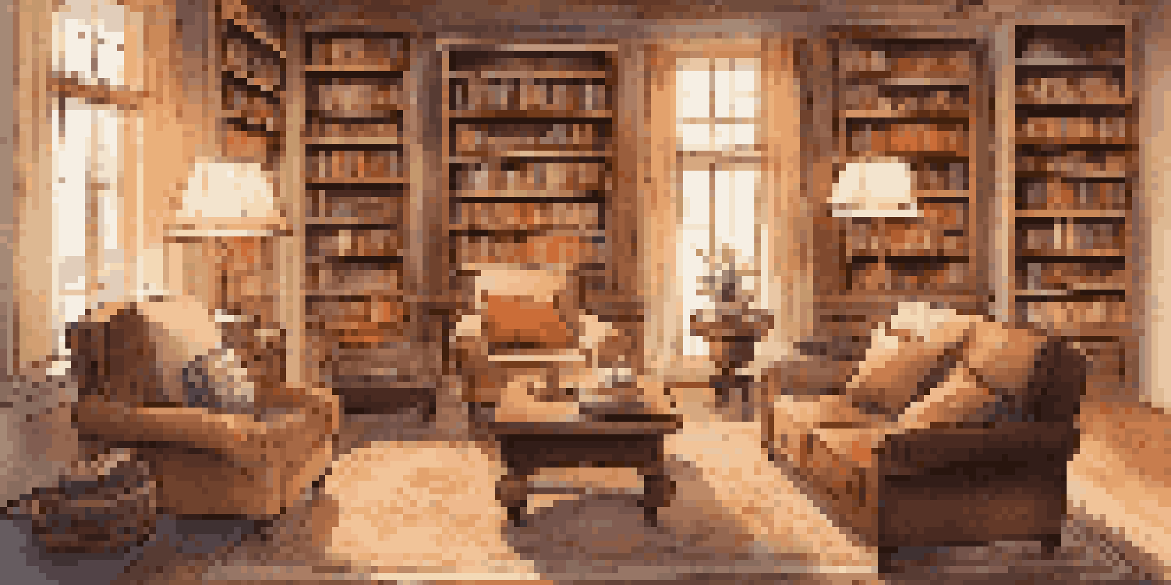 A warm and inviting family history library with wooden bookshelves, plush seating, and personal artifacts, highlighted by soft layered lighting.