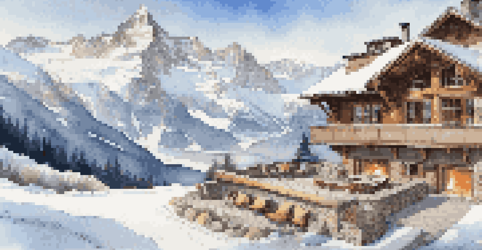 A cozy luxury chalet in the Swiss Alps, surrounded by snow and mountains, with a warm glow from the windows.