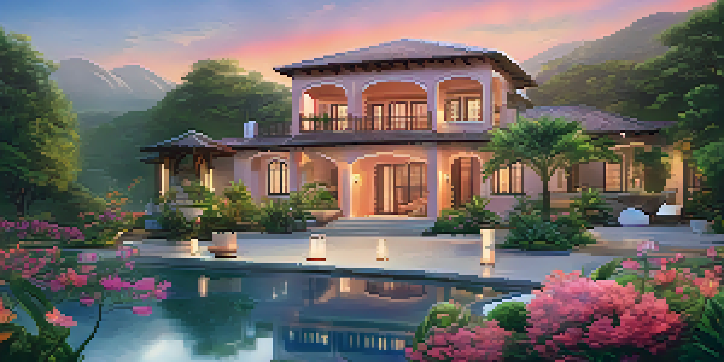 A peaceful luxury wellness retreat with a villa, yoga deck by a lake, and a colorful sunset.