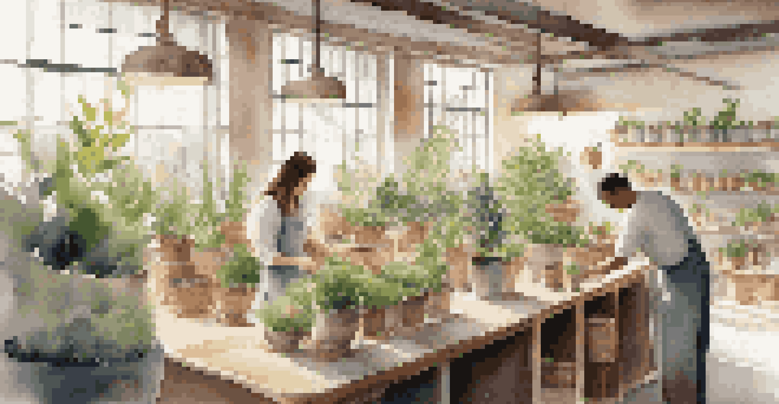 Artisans pouring natural ingredients into eco-friendly containers in a bright workspace filled with plants and sunlight.