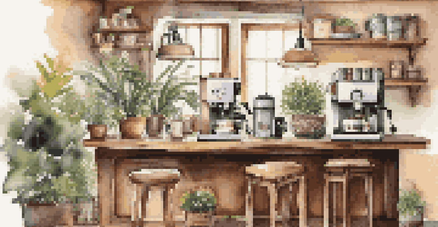 A cozy home coffee corner with an espresso machine, coffee beans, and a comfortable seating area with plants.