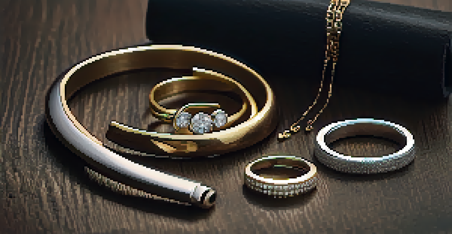 An arrangement of minimalist jewelry pieces on a dark wooden surface.