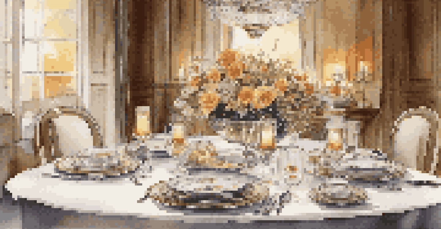 A luxury dining table set with fine china, crystal glassware, and a floral centerpiece, illuminated by warm ambient lighting.