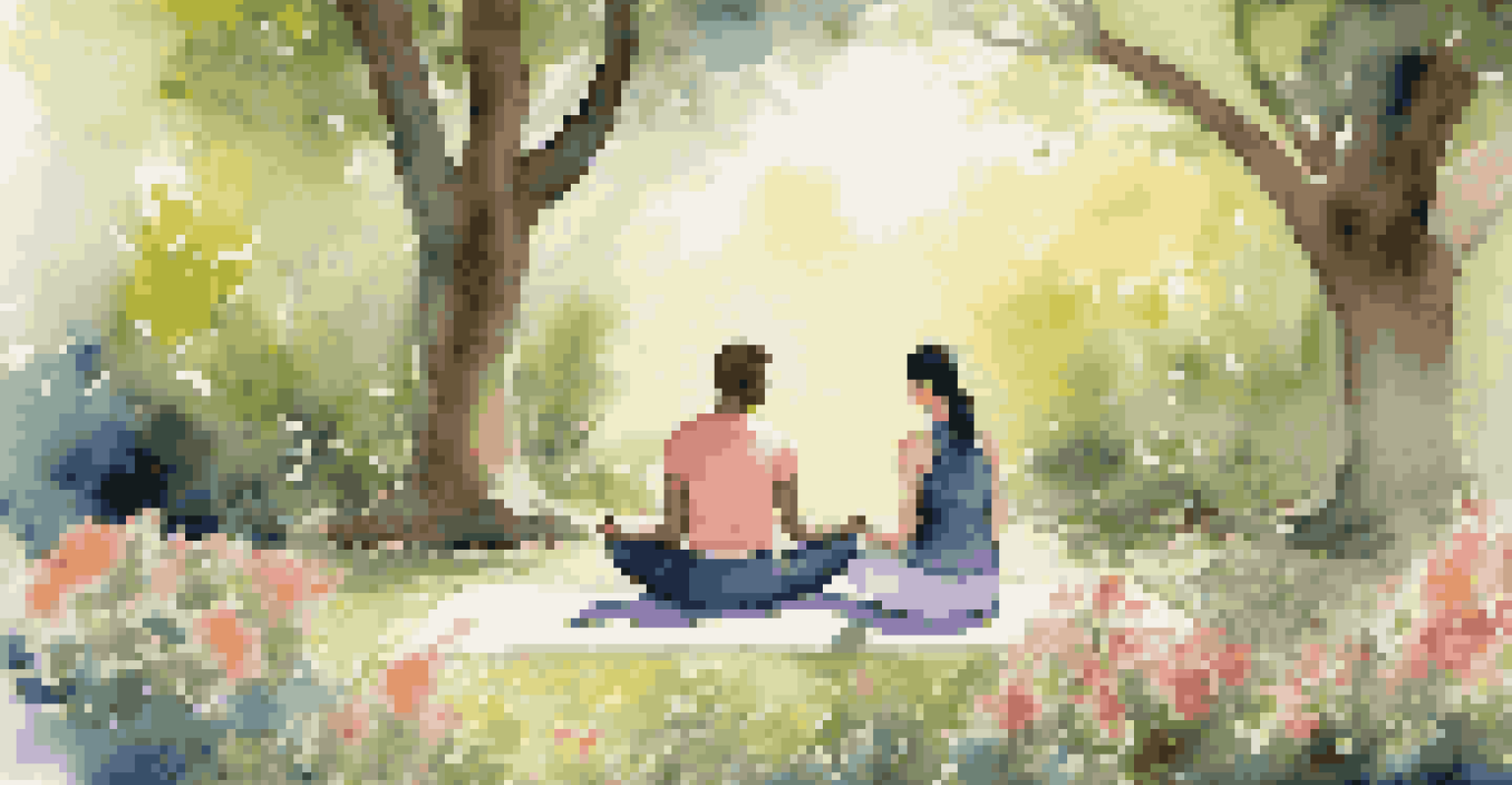 A couple practicing mindfulness in a beautiful garden filled with flowers and sunlight, sitting on yoga mats.