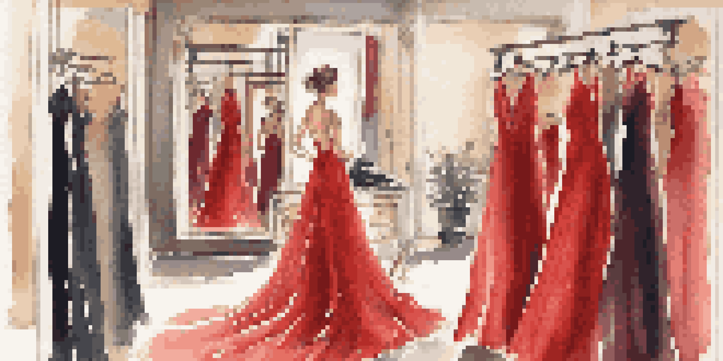 A woman in a room filled with designer dresses, trying on a red gown while looking at herself in a mirror.