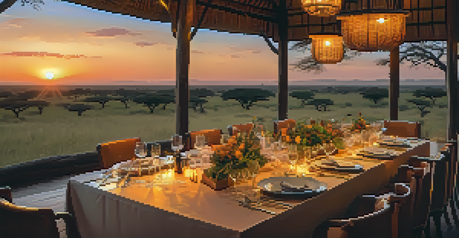 An elegant dining table set with gourmet dishes at a luxury safari lodge in South Africa, with a sunset backdrop over the savannah.